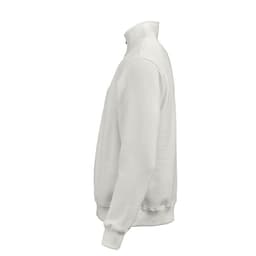 A white quarter-zip sweatshirt made from organic cotton, rCotton, and rPET. It features a logo on the chest.