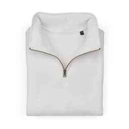 A white 1/4 zipper sweatshirt made from organic cotton, rCotton, and rPET. Features a zip closure and a logo.