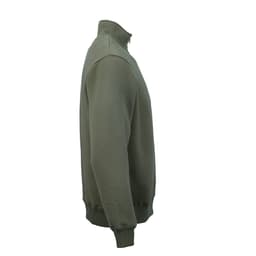 A green Malibu 1/4 zipper sweatshirt made from organic cotton, rCotton, and rPET. Features a logo on the garment.