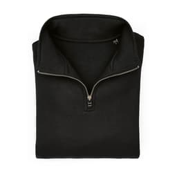 A black Malibu 1/4 zipper sweatshirt made from organic cotton, rCotton, and rPET. Features a zipper and has a logo.
