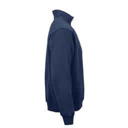 A navy blue 1/4 zipper sweatshirt made from organic cotton, rCotton, and rPET. Features a logo.
