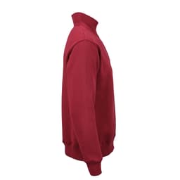 A red 1/4 zipper sweatshirt made from organic cotton, rCotton, and rPET. Features a logo.