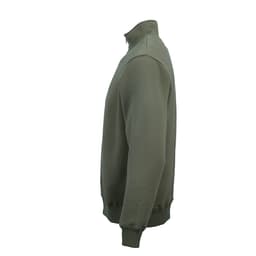 A green 1/4 zip sweatshirt made from organic cotton, rCotton, and rPET, featuring a logo. Side view shown.