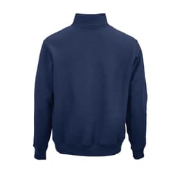 A navy blue 1/4 zipper sweatshirt made from organic cotton, rCotton, and rPET, featuring a logo on the back.