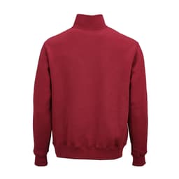 A maroon 1/4 zip sweatshirt featuring a high collar and ribbed cuffs, made from organic cotton and recycled materials.