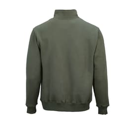A green 1/4 zipper sweatshirt made from organic cotton, rCotton, and rPET. Features a plain back and a logo.