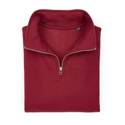 A maroon 1/4 zip sweatshirt made from organic cotton, rCotton, and rPET, featuring a branding logo.