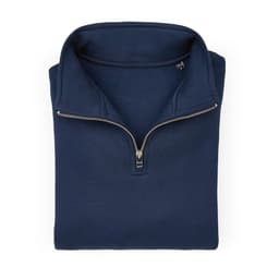 A navy blue quarter-zip sweatshirt made from organic cotton, rCotton, and rPET, featuring a zip closure and has a logo.