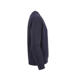 A navy blue crew neck sweatshirt made from 100% organic cotton, featuring long sleeves and ribbed cuffs.