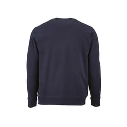 A navy crew neck sweatshirt made from 100% organic cotton, featuring long sleeves and a classic fit. It has a logo.