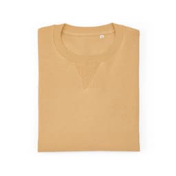 A folded crew neck sweatshirt in a light caramel colour, made from 100% organic cotton with a logo present.