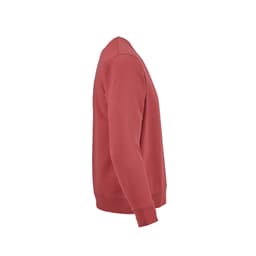 A red sweatshirt featuring a crew neck design and long sleeves, made from 100% organic cotton. It has a logo.