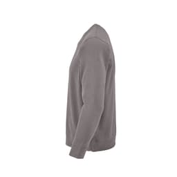 A grey crew neck sweatshirt made from 100% organic cotton, featuring a side view and a logo.