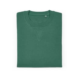 A folded green crew neck sweatshirt made from 100% organic cotton with a logo.