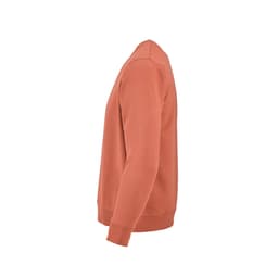 A side view of a coral-coloured sweatshirt made from 100% organic cotton, featuring a crew neck and ribbed cuffs.