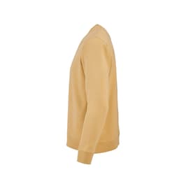 A mustard yellow crew neck sweatshirt in French terry fabric, featuring a side view with a logo. 