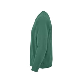 A side view of a green Capri French terry crew neck sweatshirt made from 100% organic cotton. It features a logo.