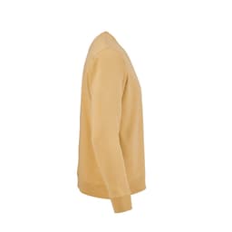 A side view of a mustard yellow Capri French terry crew neck sweatshirt made from 100% organic cotton.