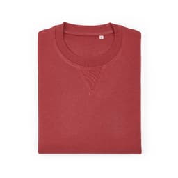 A folded crew neck sweatshirt in a reddish hue made from 100% organic cotton, featuring a logo.