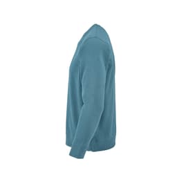 A blue crew neck sweatshirt made from 100% organic cotton, featuring long sleeves and a side profile view.