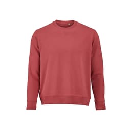 A red French terry crew neck sweatshirt made from 100% organic cotton with a branding logo.