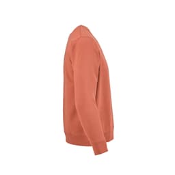A coral crew neck sweatshirt made from 100% organic cotton with a side view, featuring a ribbed hem and cuffs.