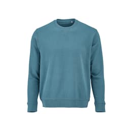 A teal crew neck sweatshirt made from 100% organic cotton, featuring long sleeves and a ribbed hem. It has a logo.