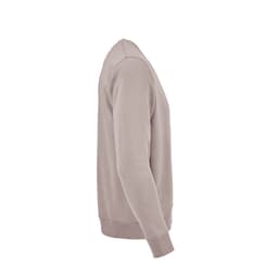 A beige crew neck sweatshirt made of 100% organic cotton, featuring a simple design and a logo.