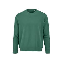 A green crew neck sweatshirt made from 100% organic cotton with a logo. Features a classic fit and ribbed cuffs.