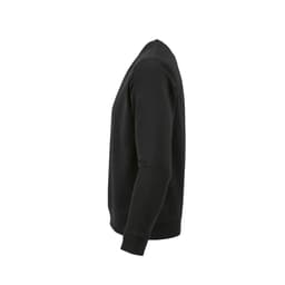 A black crew neck sweatshirt in French terry fabric with long sleeves and a ribbed hem. It features a logo.