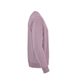A lilac crew neck sweatshirt made from 100% organic cotton with long sleeves and a ribbed hem. Features a logo.
