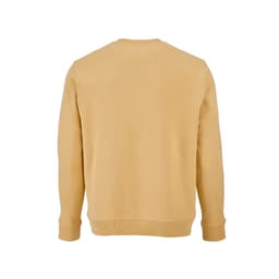 A beige crew neck sweatshirt made from 100% organic cotton, featuring ribbed cuffs and hem, and a logo.