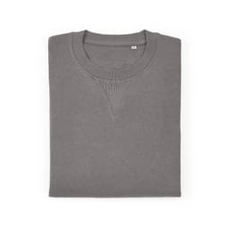 A folded grey crew neck sweatshirt made from 100% organic cotton with a logo.