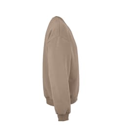 A beige oversized sweatshirt with ribbed cuffs and hem, made from organic cotton, rCotton, and rPET. It features a logo.