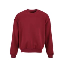 A burgundy oversized sweatshirt made from organic cotton and recycled materials. It features a ribbed hem and cuffs.