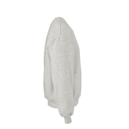 A grey oversized sweatshirt made from organic cotton, rCotton, and rPET, featuring a logo.