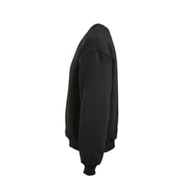 A black oversized sweatshirt made from organic cotton and recycled materials, featuring a logo on the front.
