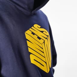 An oversized navy hooded sweatshirt featuring a large yellow graphic design and a logo. Made from organic cotton and rPET.
