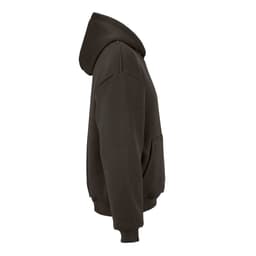 An oversized hooded sweatshirt in dark brown, featuring a front pocket and a logo. Made from organic cotton and recycled materials.