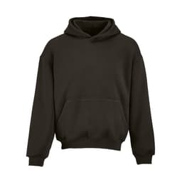 An oversized hooded sweatshirt in black, made from organic cotton and recycled materials, featuring a front pocket and a logo.