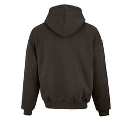 An oversized hooded sweatshirt in dark brown, featuring a logo and made from organic cotton, rCotton, and rPET.