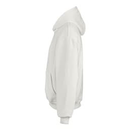 An oversized hooded sweatshirt in white, featuring a kangaroo pocket and a logo. Made from organic cotton and recycled materials.