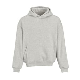 An oversized hooded sweatshirt in light grey, featuring a front pocket and a logo. Made from organic cotton and rPET.