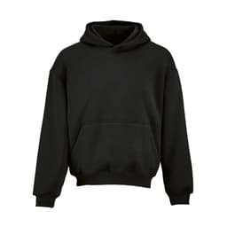 A black oversized hooded sweatshirt with a kangaroo pocket and a logo. Made from organic cotton and recycled materials.