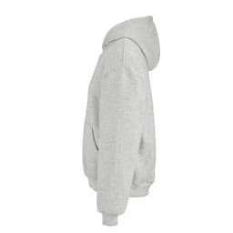 An oversized grey hooded sweatshirt made from organic cotton, rCotton, and rPET, featuring a logo.