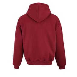 A burgundy oversized hooded sweatshirt made of organic cotton, rCotton, and rPET. Features a logo on the back.