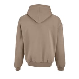 An oversized hooded sweatshirt in a tan colour, featuring a spacious design and a hood. Includes a logo.