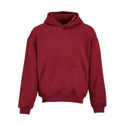 A burgundy oversized hooded sweatshirt made from organic cotton, rCotton, and rPET, featuring a front pocket and a logo.