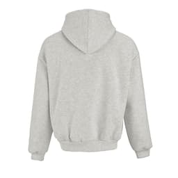 An oversized grey hooded sweatshirt made of organic cotton, rCotton, and rPET, featuring a hood and a relaxed fit.