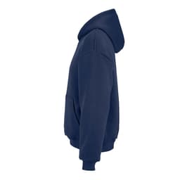 A navy oversized hooded sweatshirt with a front pocket and a logo, made from organic cotton and recycled materials.